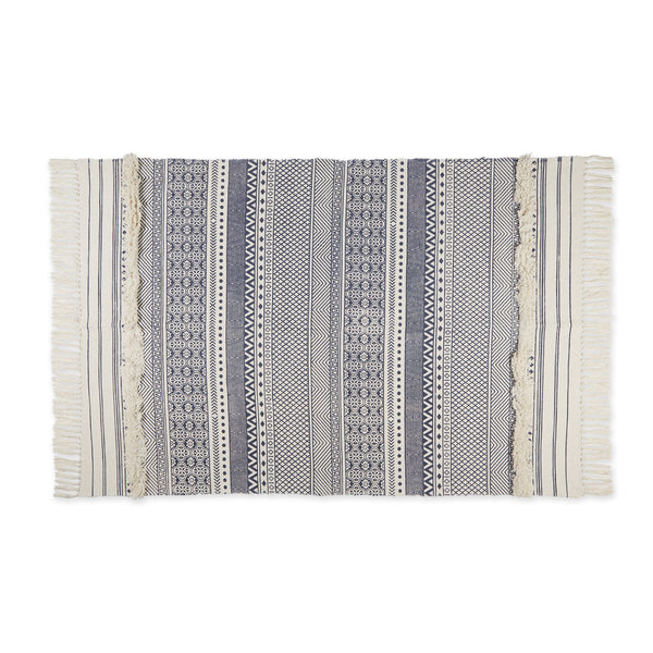 French Blue Printed Off-White Hand-Loomed Shag Rug 4X6 Ft