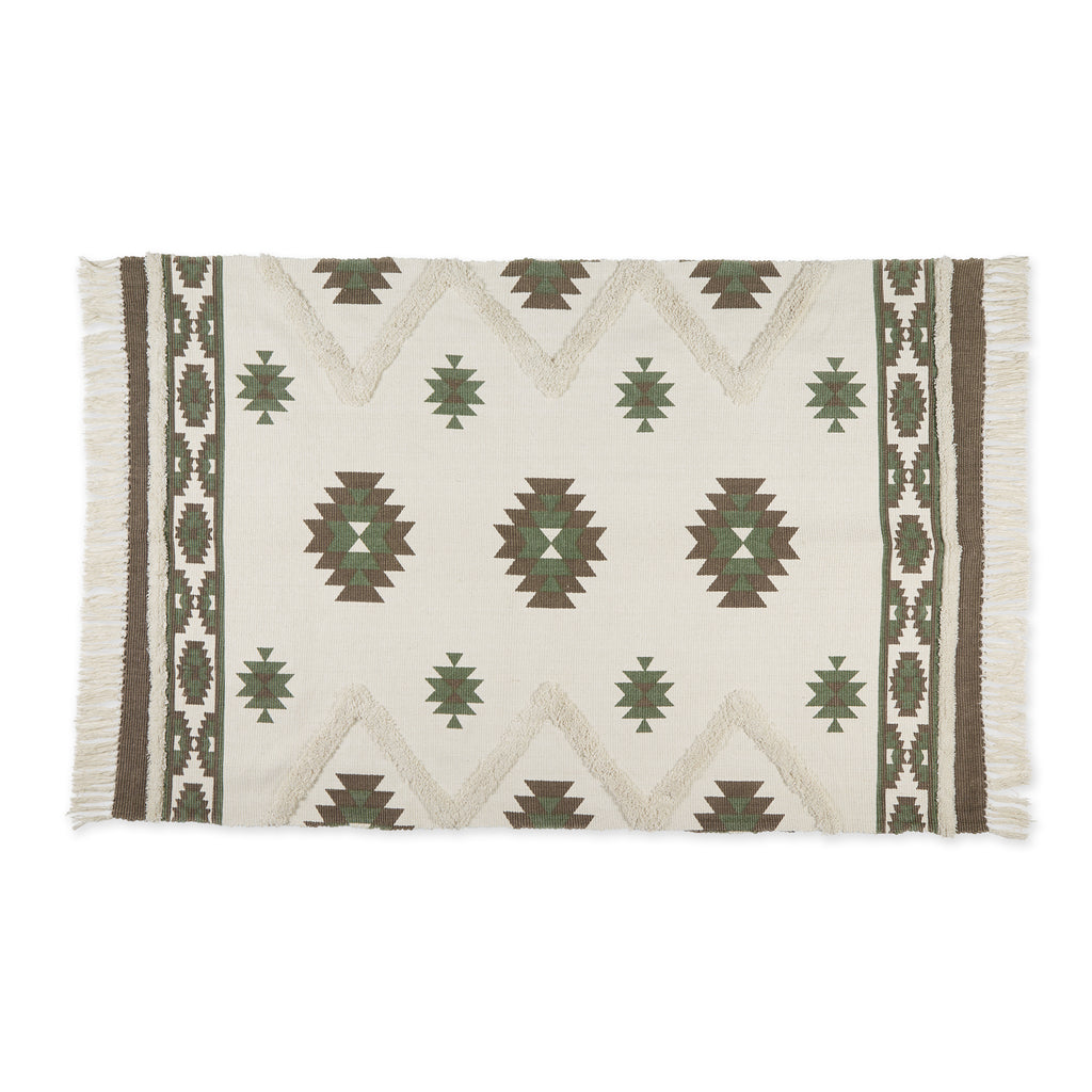Brown And Green Printed Off-White Hand-Loomed Shag Rug 4X6 Ft