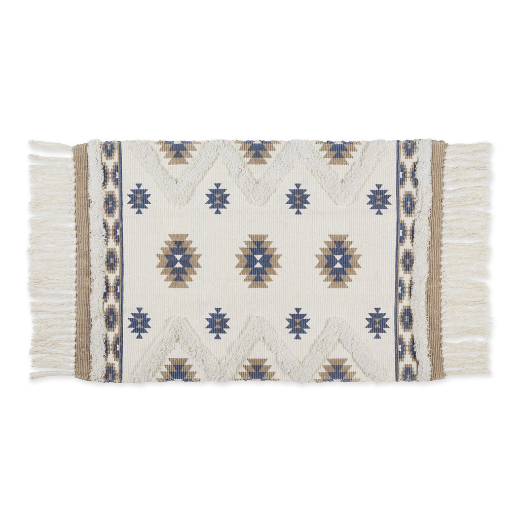 Stone And Blue Printed Off-White Hand-Loomed Shag Rug 2X3 Ft