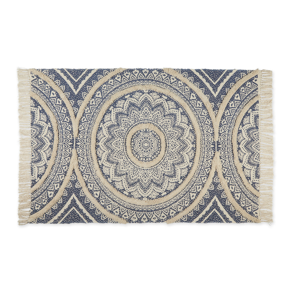 French Blue Printed Natural Hand-Loomed Shag Rug 4X6 Ft