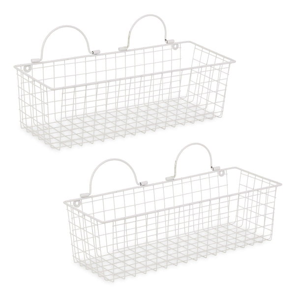 Medium Antique White Wire Wall Basket Set of 2
