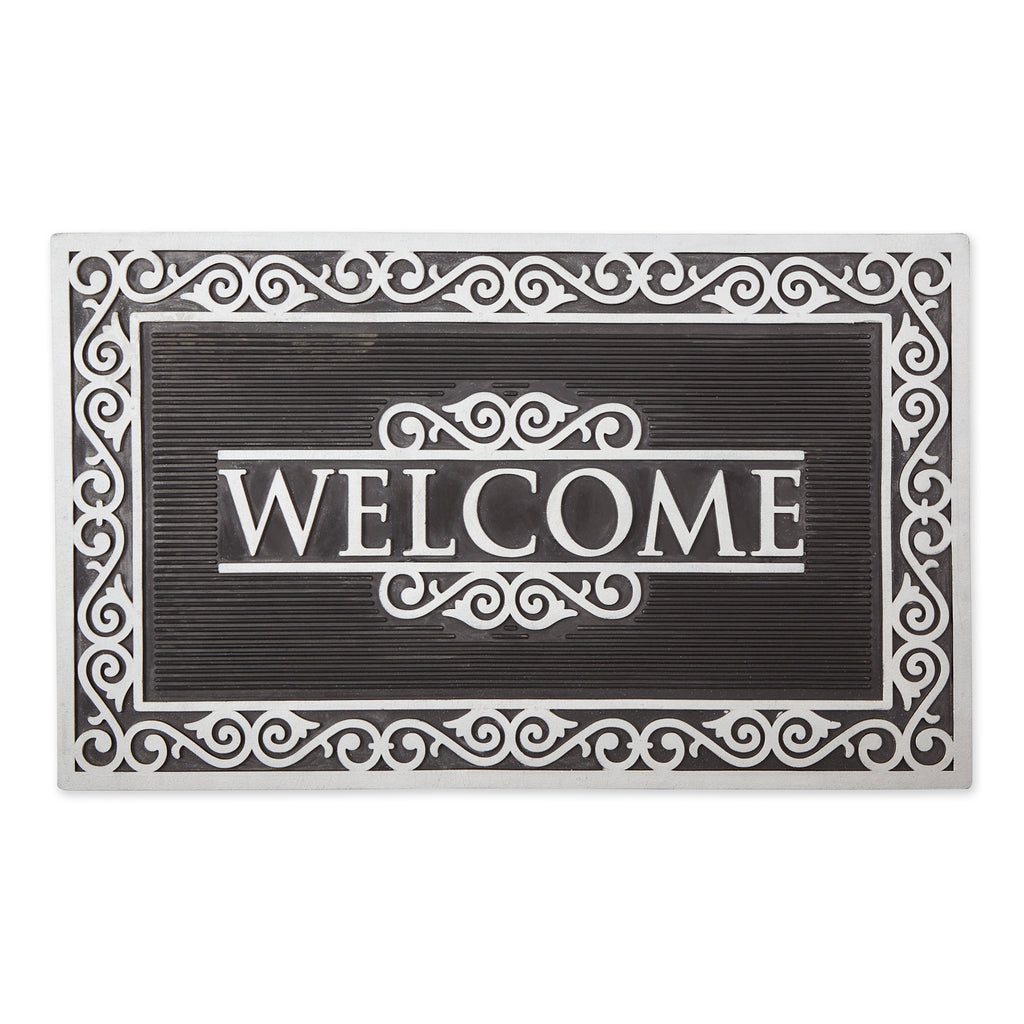 Silver Painted Welcome Scroll Border Rubber Doormat