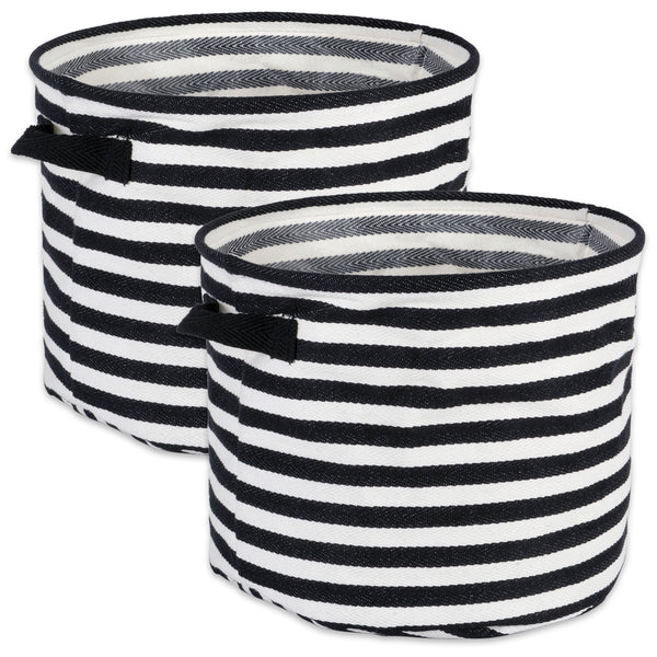 Herringbone Woven Cotton Laundry Bin Stripe Black Round Medium